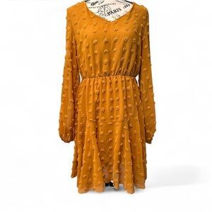 Fashion Collection Ruffle Flowy Chiffon Mustard Long Sleeve Dress - Size M